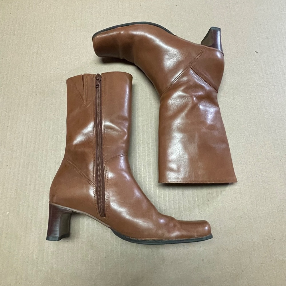 Vintage Diba Women's Sz 5 Tall 11" Tan Leather Square Toe Zip Up Boots Bohemian